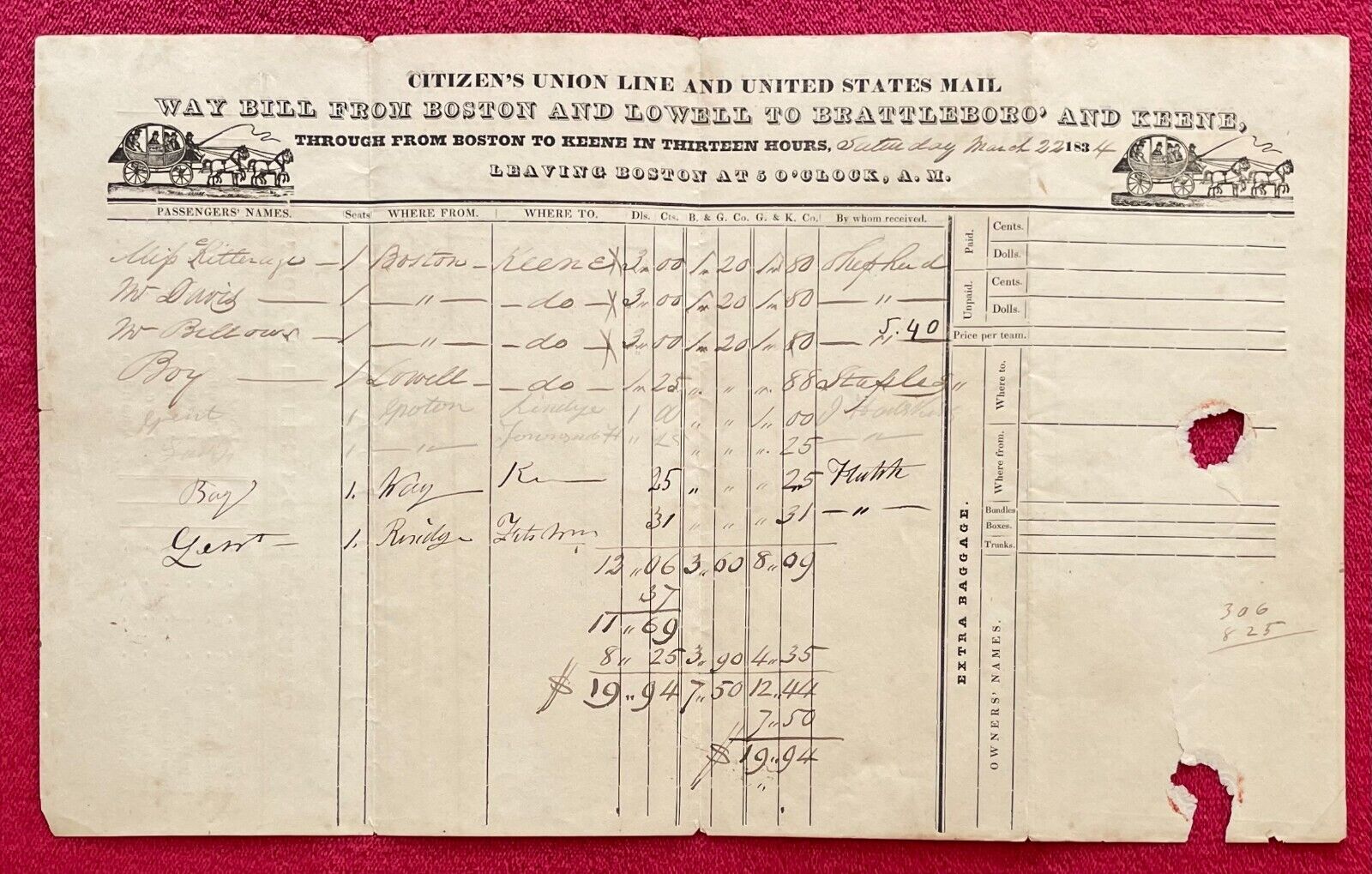 CITIZENS UNION LINE AND UNITED STATES MAIL 1834 WAYBILL - LIST OF PASSENGERS