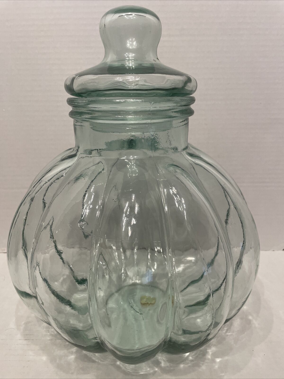 Large Glass Pumpkin Shaped Jar With Lid Made In Spain - Green