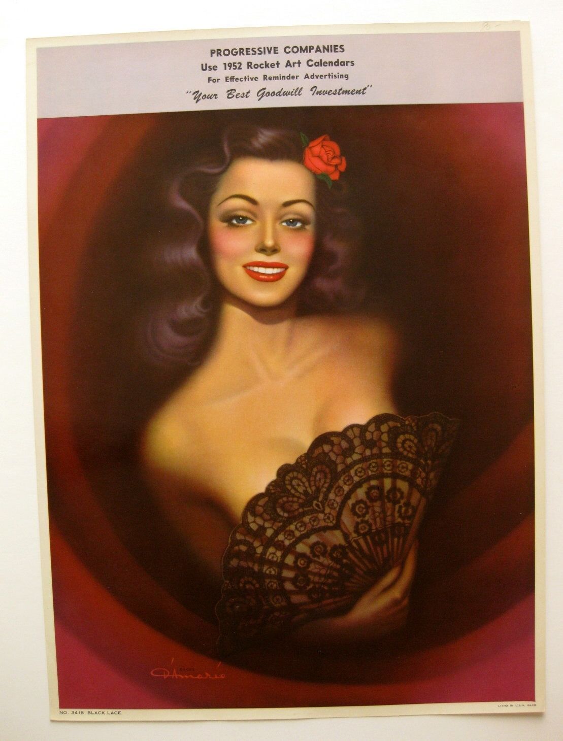 Vintage 1950s D'Amario Pinup Girl Picture Black Lace Woman w/ Lace Hand Fan