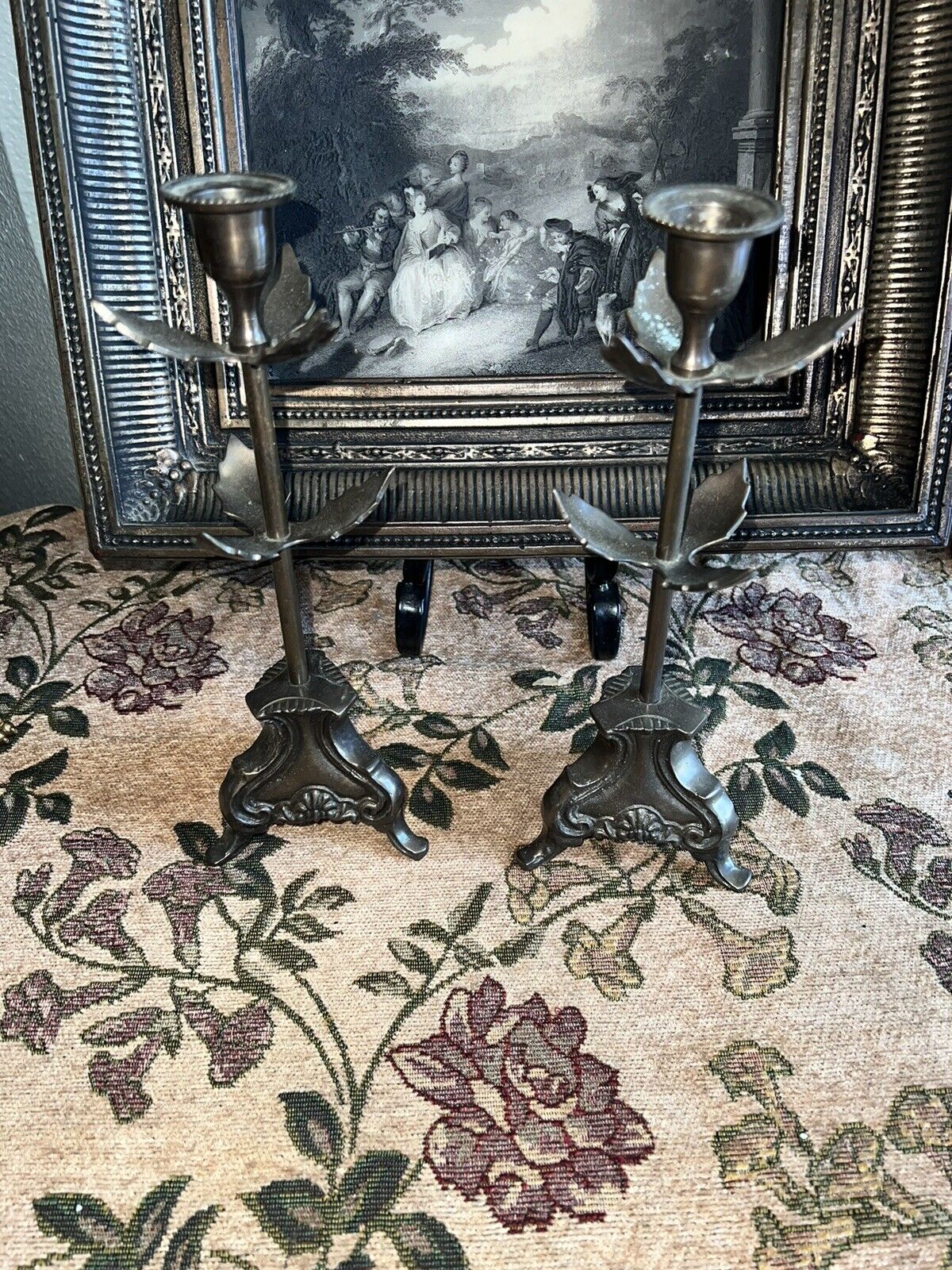 Candlesticks Pair | Two French Gothic Pricket Bronze Candle Holders 