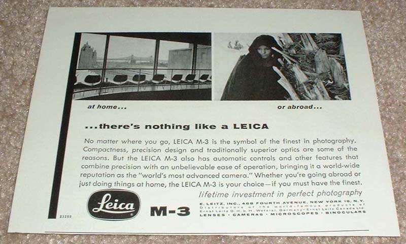 1958 Leica M3 Camera Ad - At Home or Abroad NICE