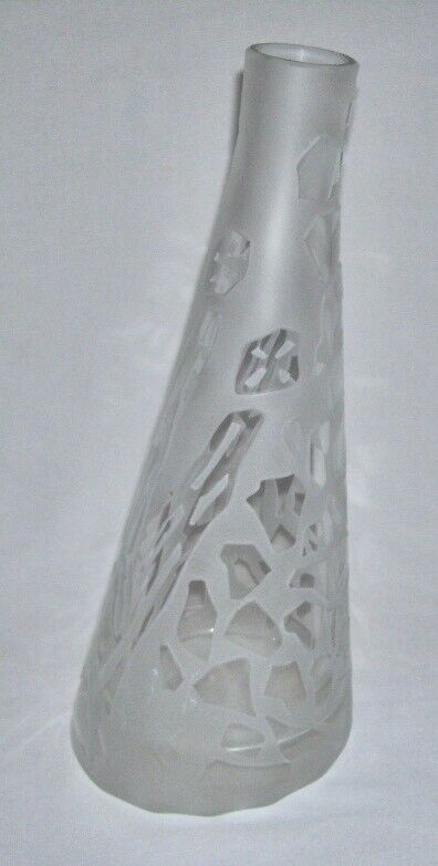 Unusual & Uncommon Hand Made Frosted Tall TILTED VASE w/Raised Designs (Signed)
