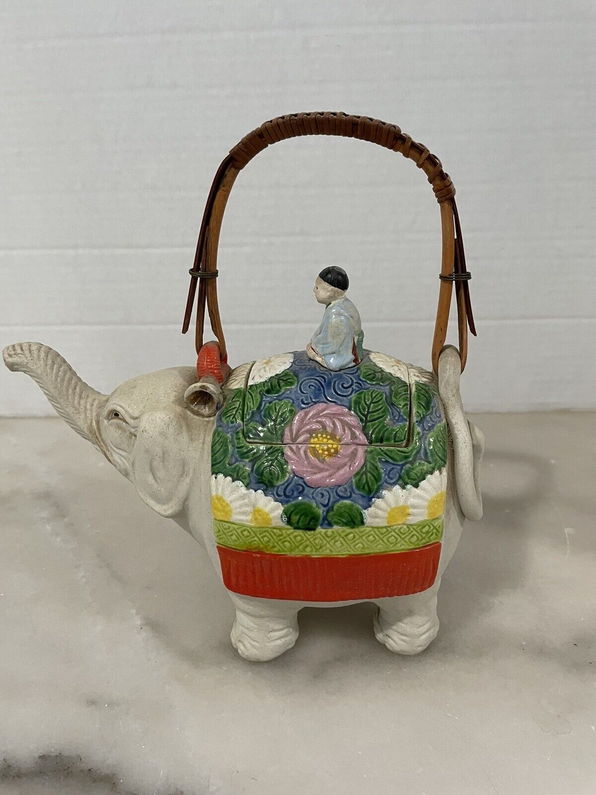 Antique Banko Japanese Teapot 1927 Buddha Riding Happy Elephant ~ Rattan Handle