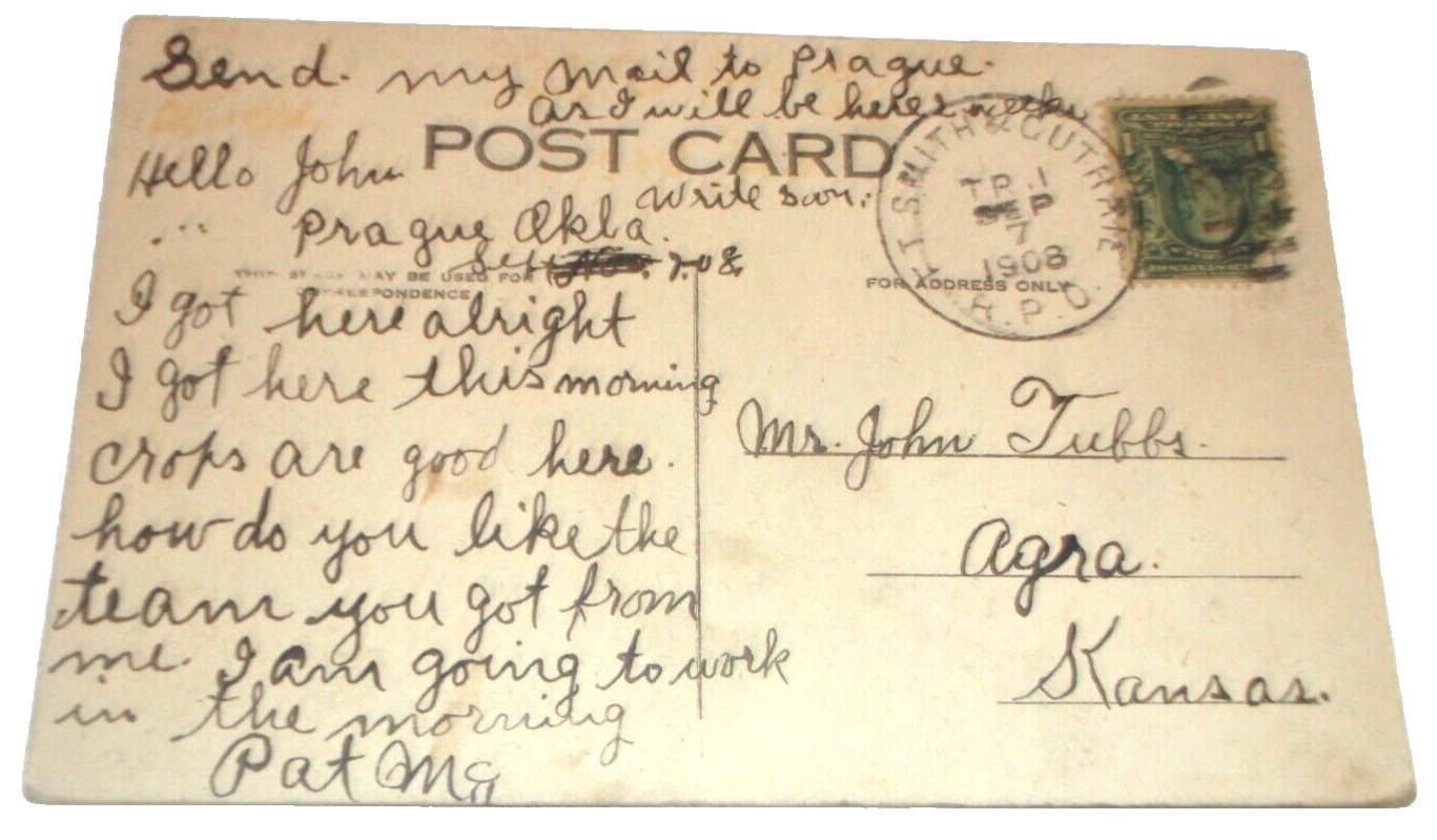 1908 FORT SMITH & WESTERN RAILROAD FORT SMITH & GUTHRIE TRAIN #1 RPO ENVELOPE