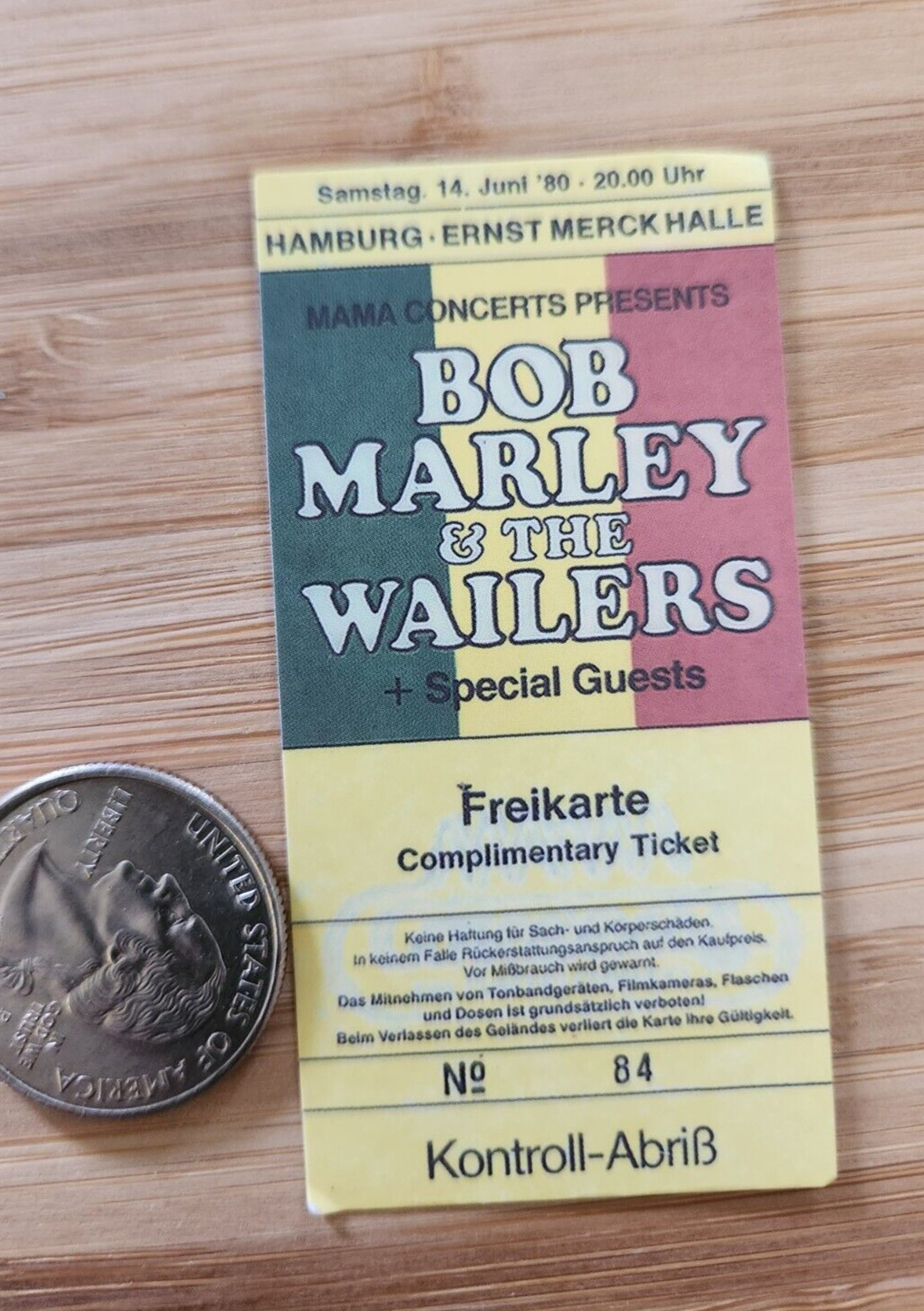 BOB MARLEY Sticker Bob Marley TICKET STUB STICKER Bob Marley Concert 1980Hamburg