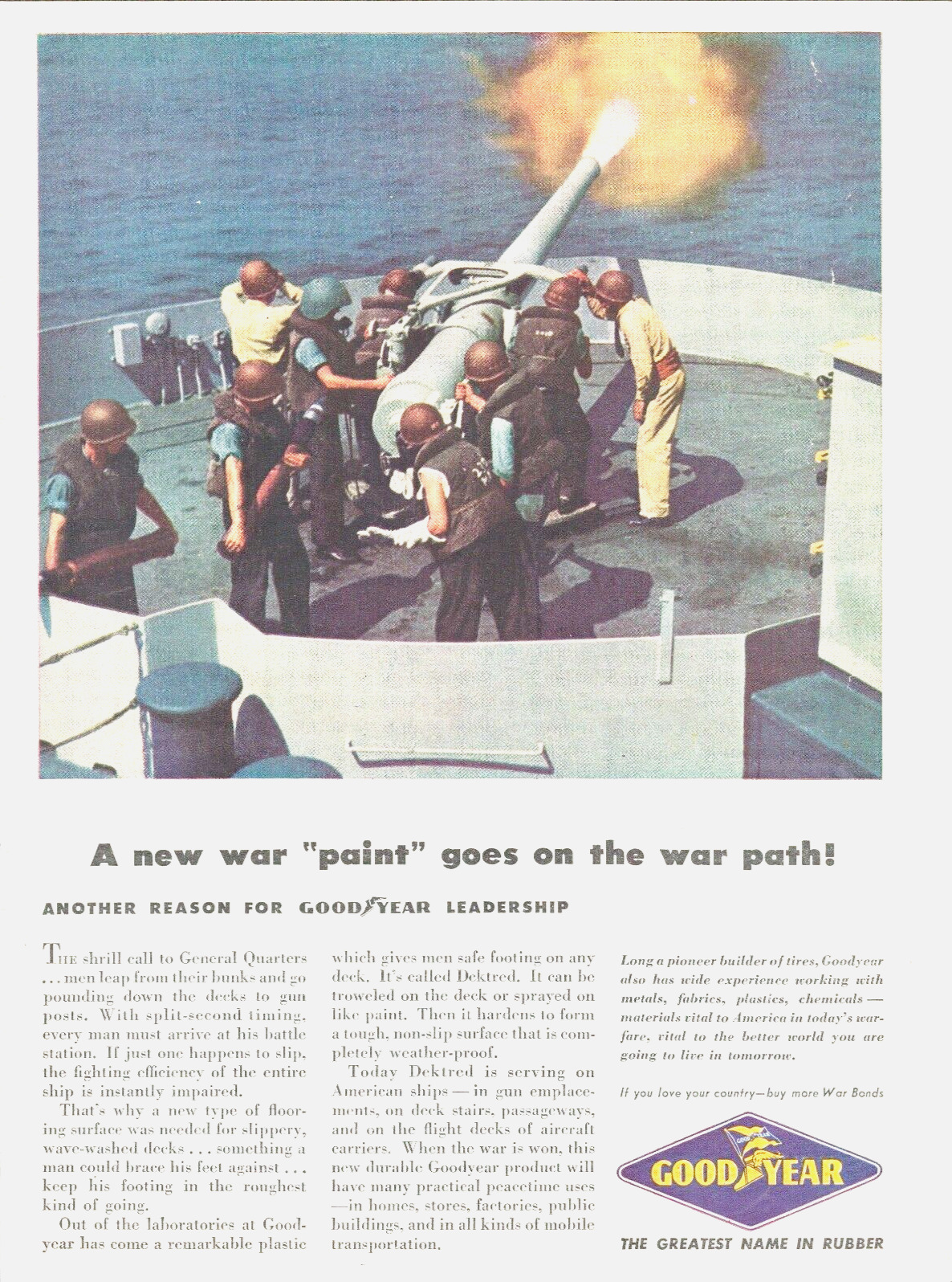 1943 WWII Navy Battleship GOOD YEAR vintage print ad WAR BONDS Sailors cannon