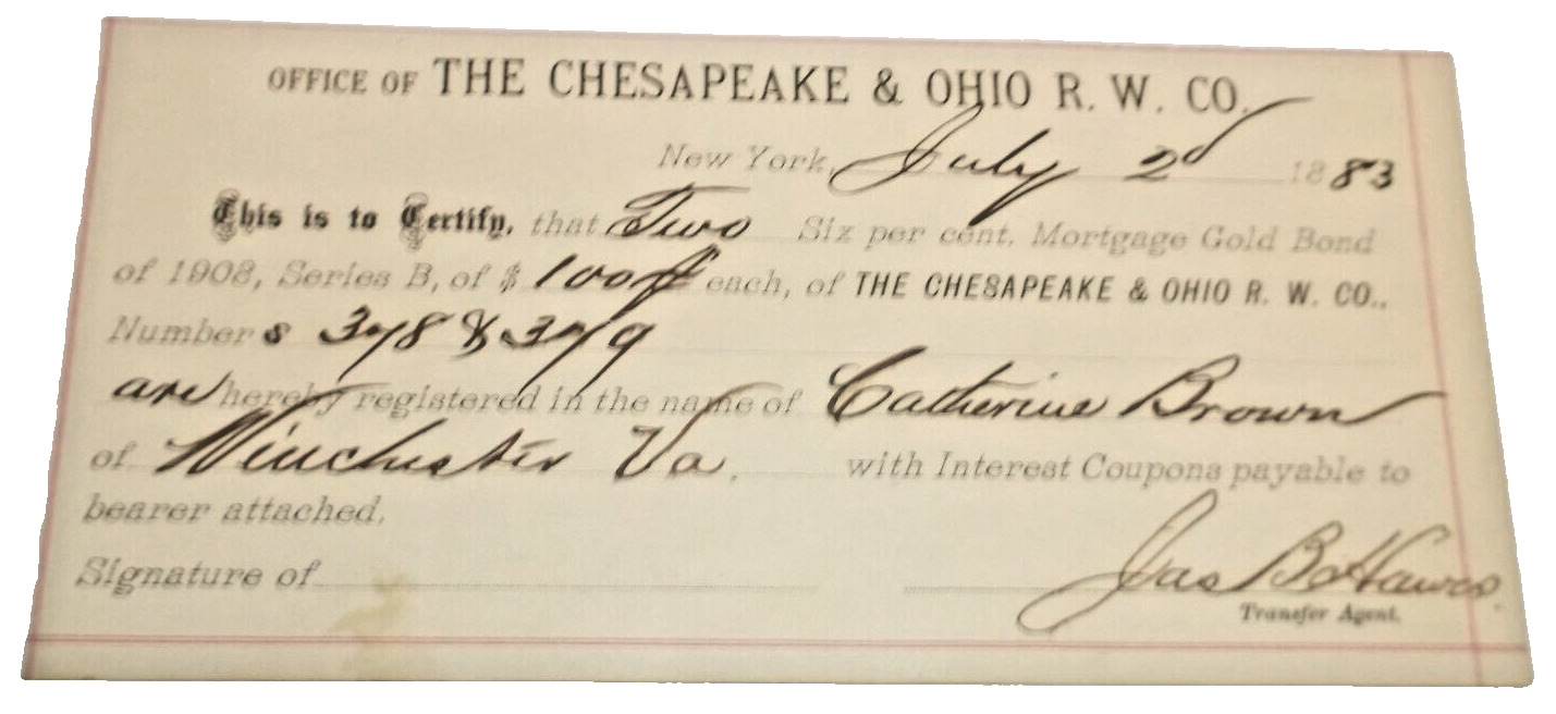 JULY 1883 CHESAPEAKE & OHIO RAILWAY MORTGAGE BOND RECEIPT WINCHESTER VIRGINIA