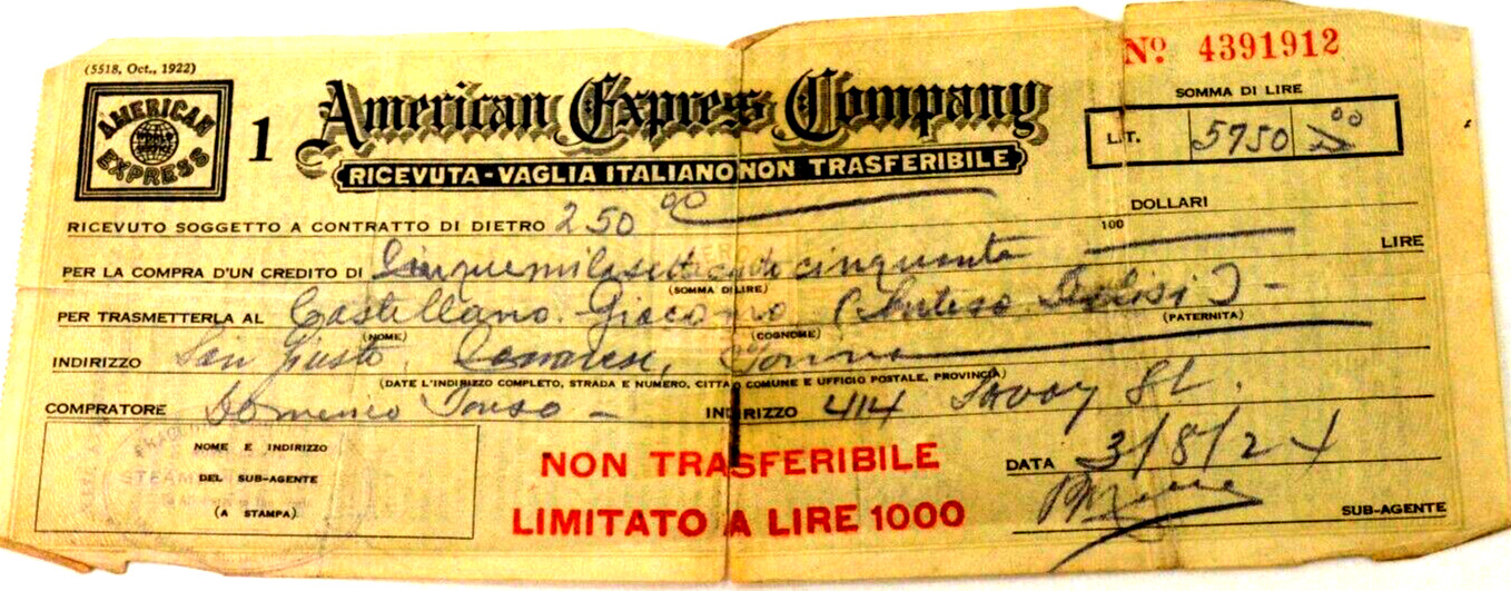 1924 American Express 250 Dollar Check