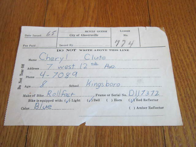 Vtg Bicycle License Registration 1960\'s Gloversville NY Rollfast Bike Paper Form