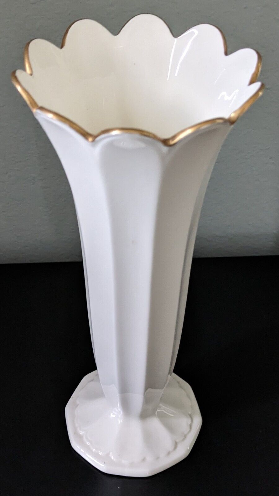 Mikasa Ivory Bone China Fluted Vase, 24 Karat Gold Rim