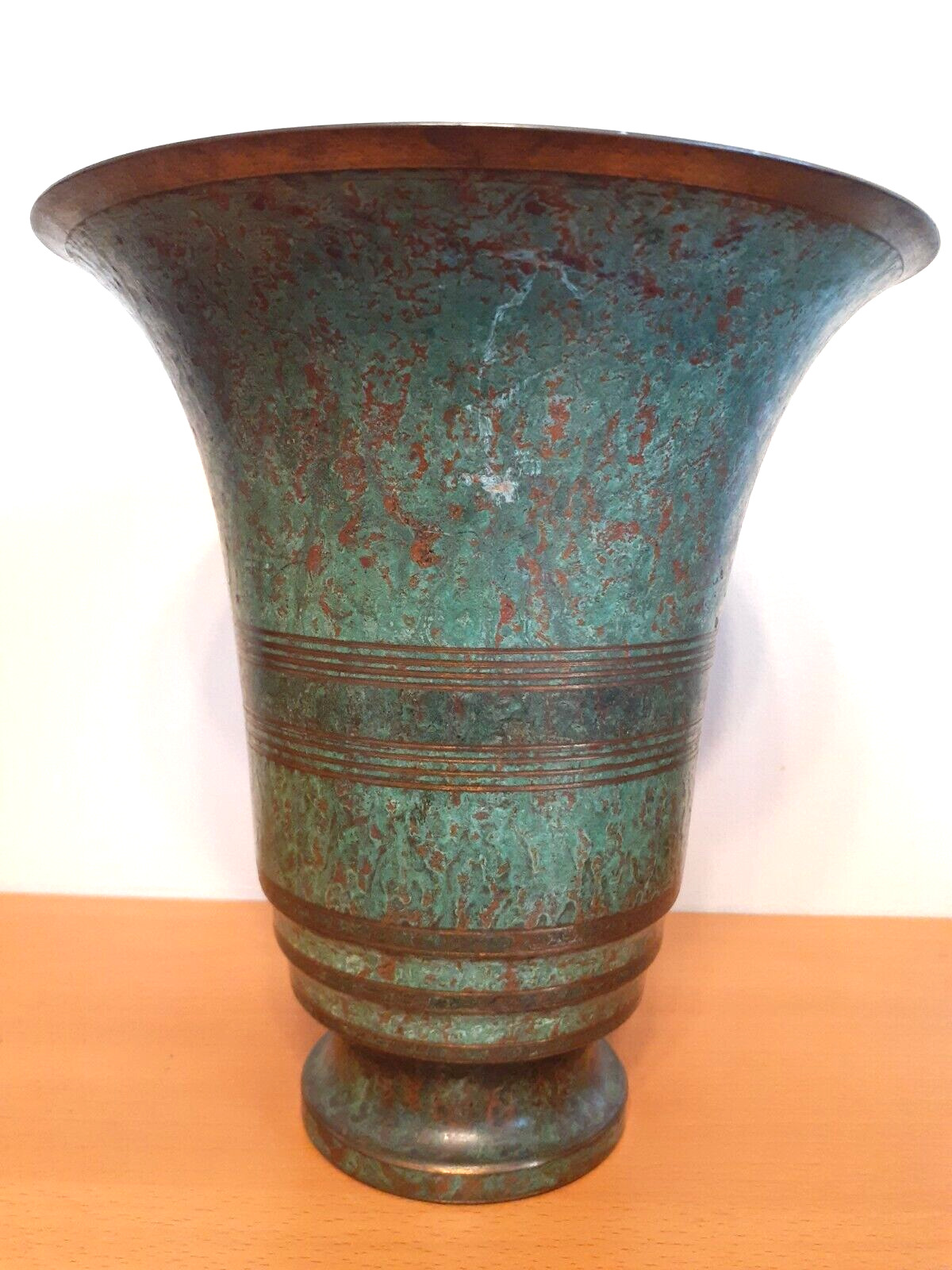 Carl Sorensen 1920's Art Deco Green Bronze Verdigris Trumpet Vase Urn Signed