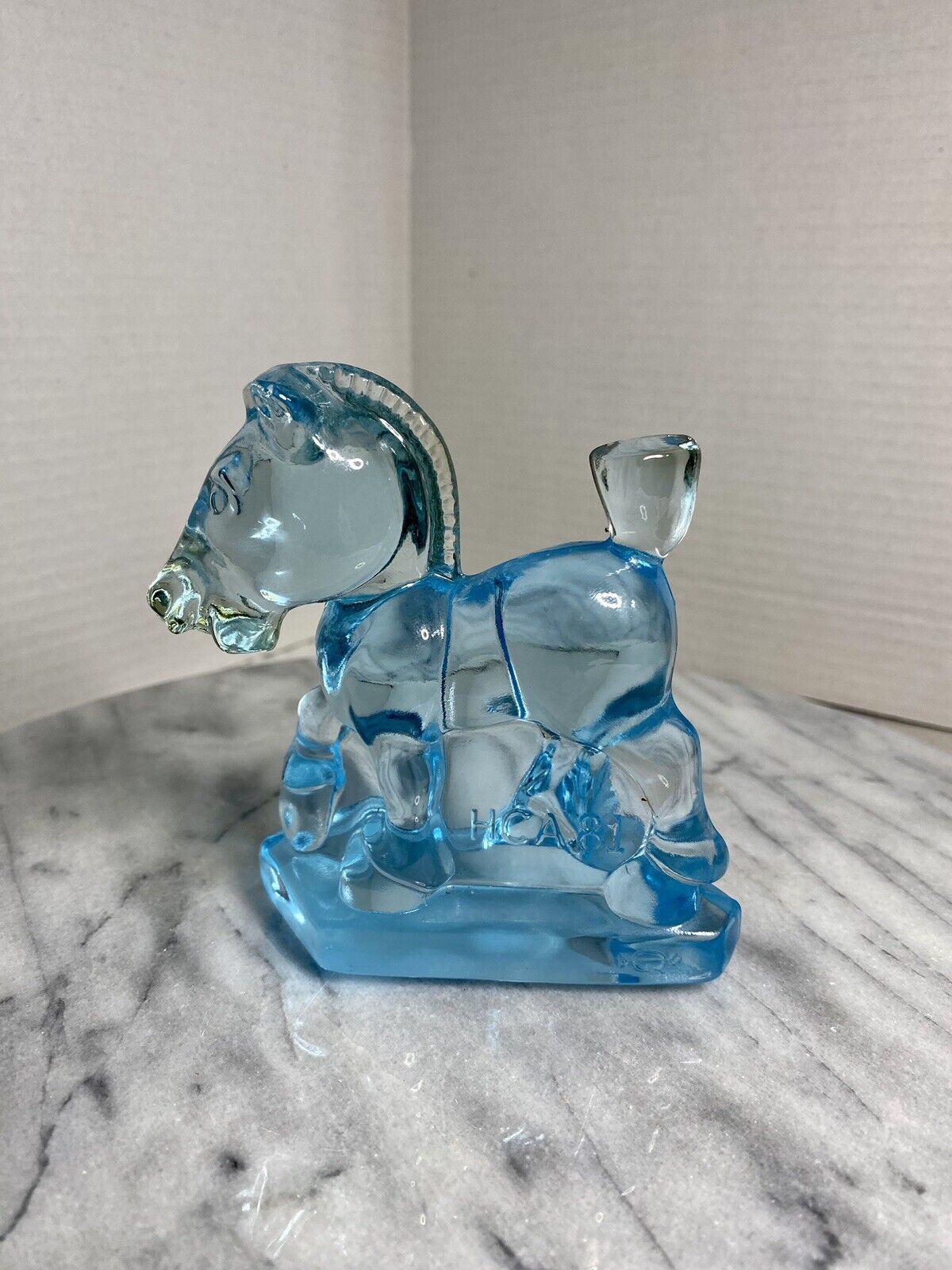 Heisey Imperial Glass 1981 Oscar Sparky Plug Horse HCA Horizon Aqua Blue
