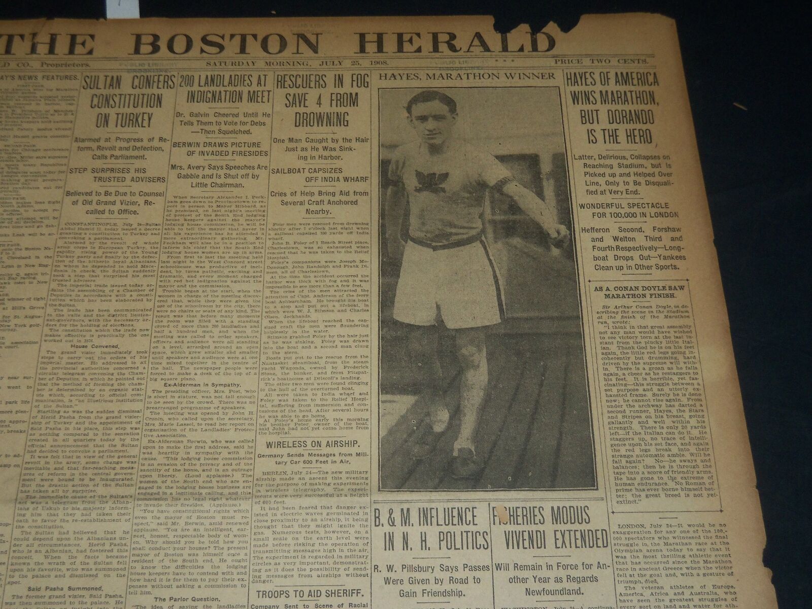 1908 JULY 25 THE BOSTON HERALD - HAYES OF AMERICA WINS MARATHON - BH 323