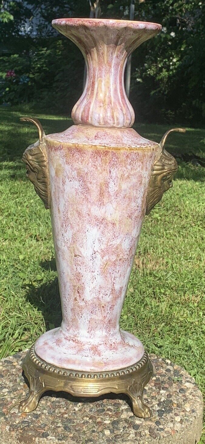 Vintage Large 18in glazed porcelain Urn Vase With Brass Feet And Handles