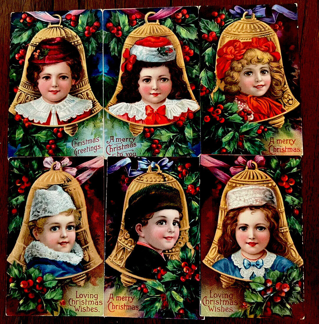 Gorgeous Lot of 6~Children in Bells~ with Holly~Antique Christmas Postcards Set~