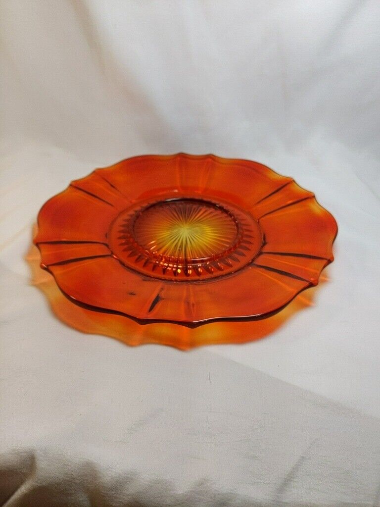 Vintage Amberina Raised Flower Glass Plate With Starburst Pattern 