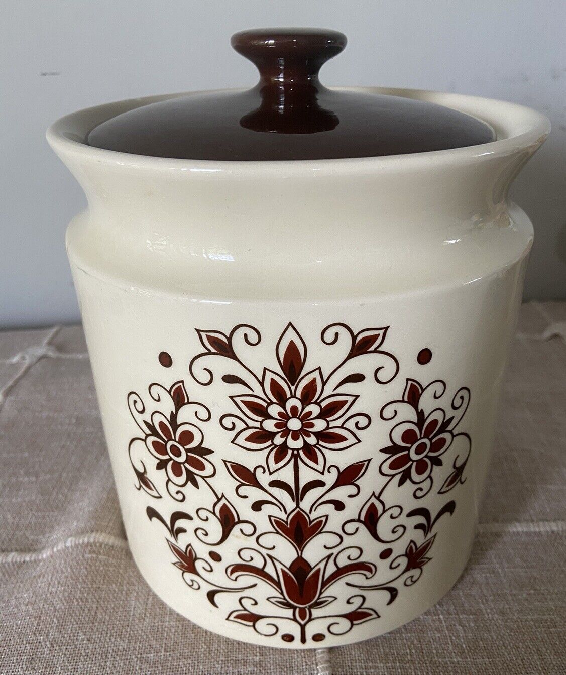 Vintage Ceramic Jar Canister Cream With Brown Flowers 8” Tall