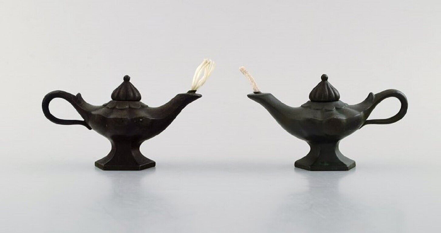 Just Andersen. Two early oil lamps in disko metal. 1930/40\'s.