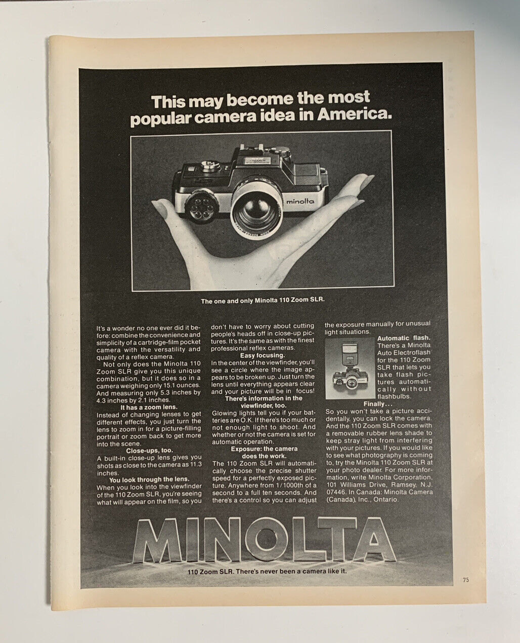 1978 Minolta 110 Zoom SLR Camera Print Ad Advertisemen Most Popular Camera Idea