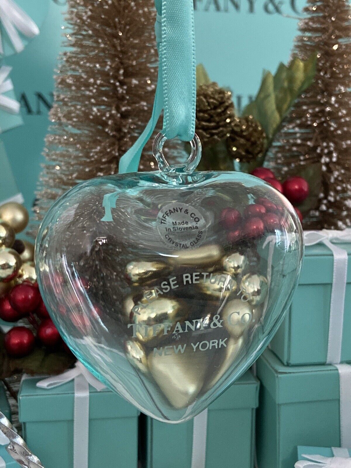 Tiffany&Co RTT Puffy Heart Ornament Blue Crystal Glass Christmas Holiday