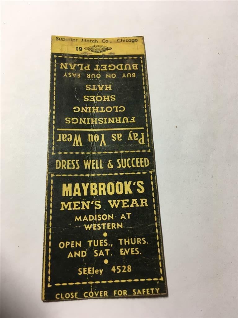 30's Maybrook's Men's Wear Hart-Schaffner & Marx Chicago IL BOBTAIL Matchcover