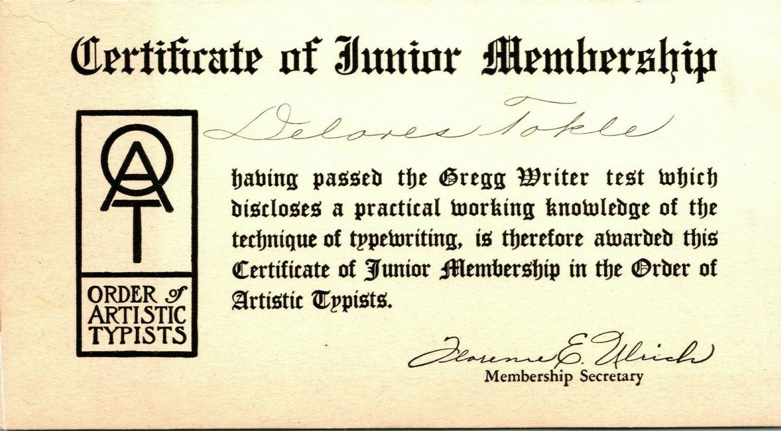 Vintage Gregg Typing Course Order of Artistic Typists Junior Membership Card