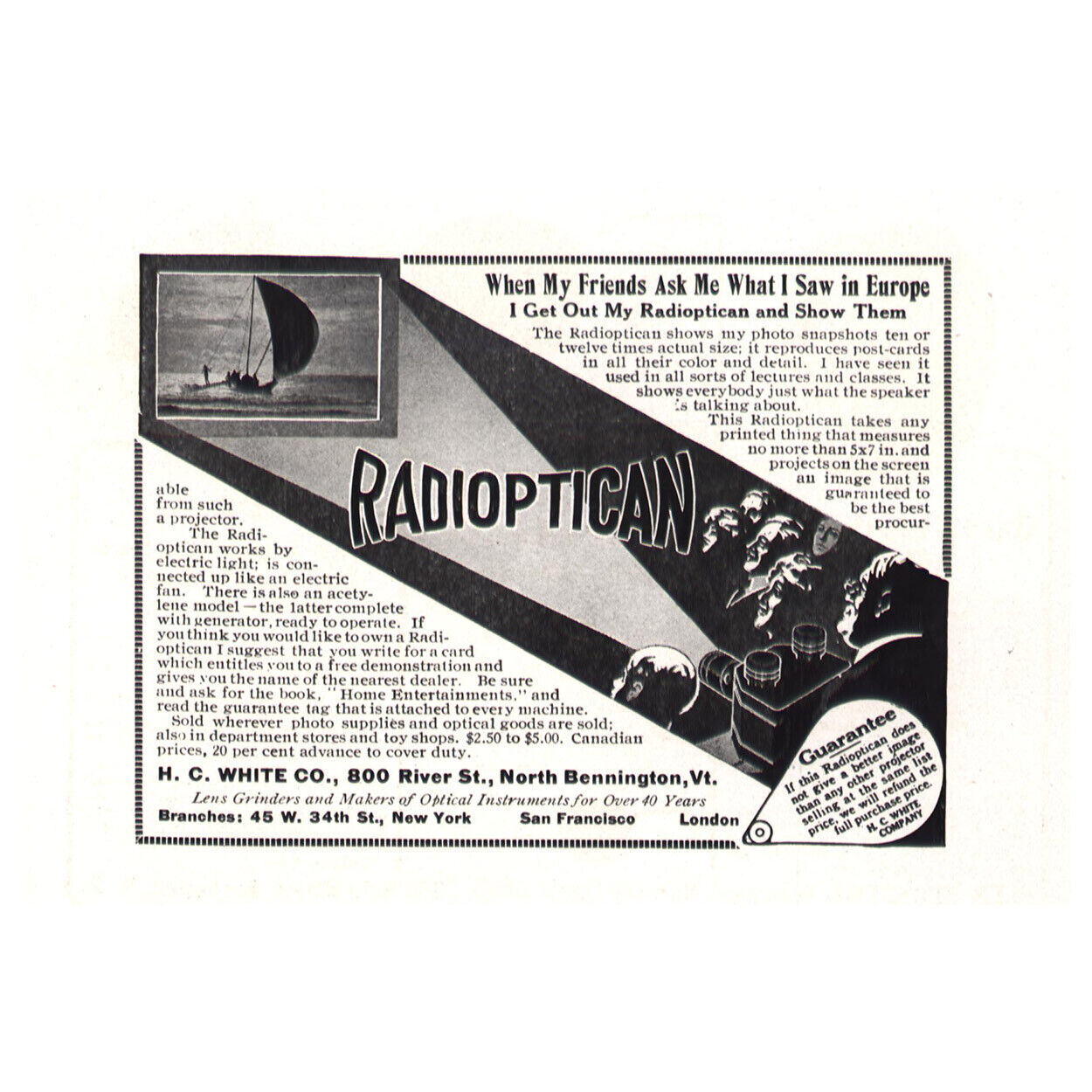 1912 Radioptican: When Friends Ask What I Saw In Europe Vintage Print Ad