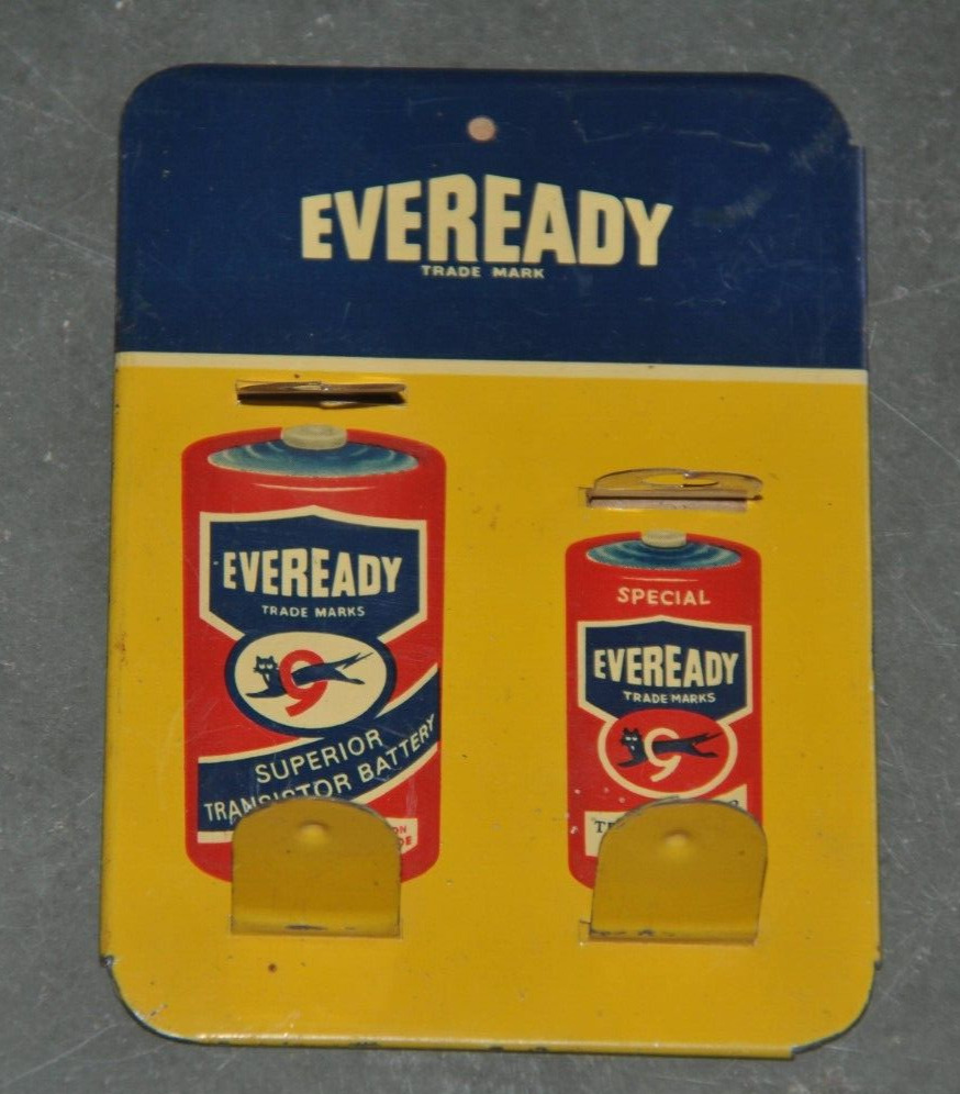 Vintage Small Eveready Battery Ad Litho Tin Sign With Battery Holder