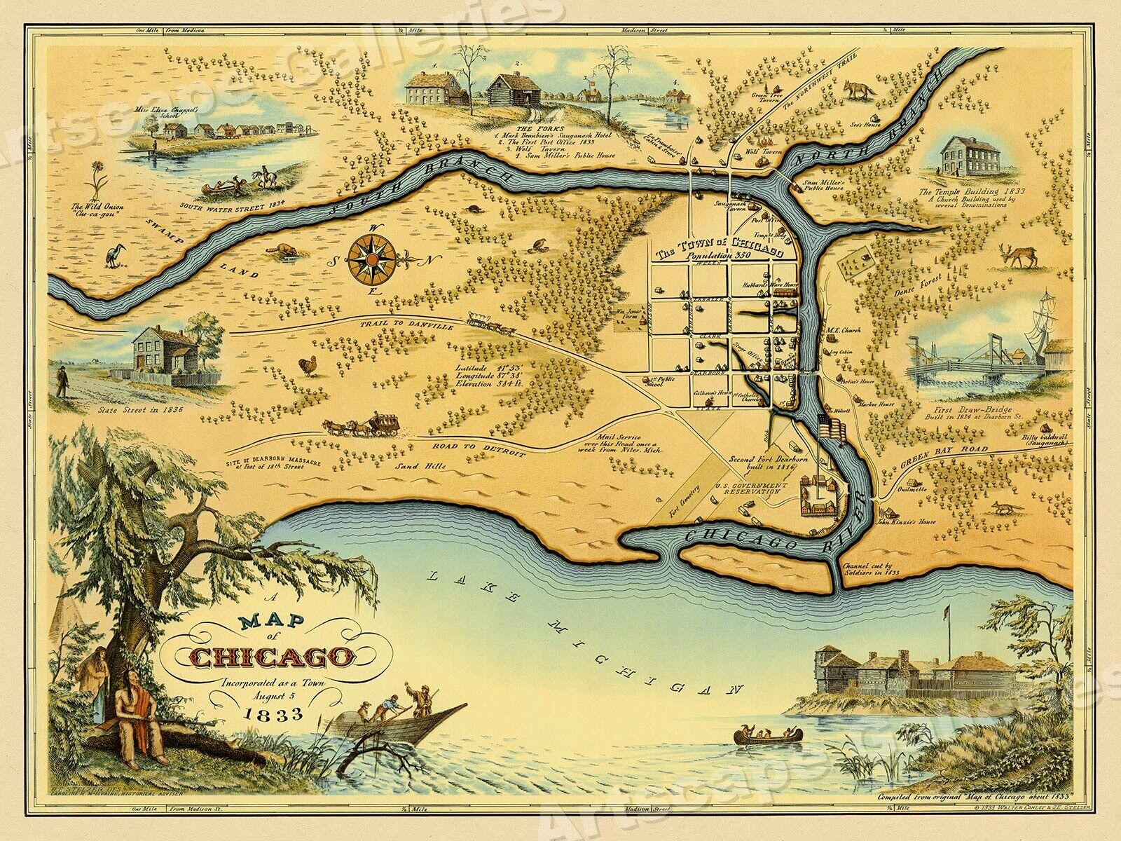 Map of Chicago 1833 Settlement Vintage Style Centennial Map - 20x28