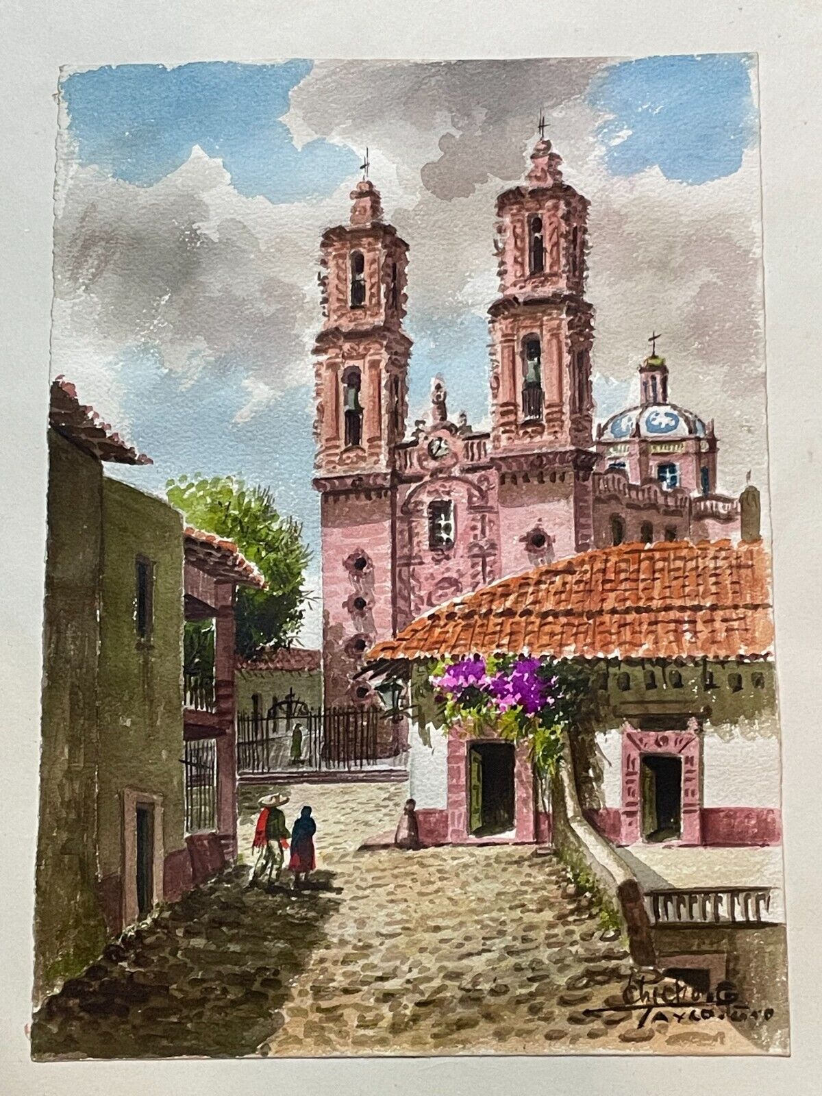 Vintage MCM Taxco Mexico Watercolor Painting Signed Chicho Mexican Church Art