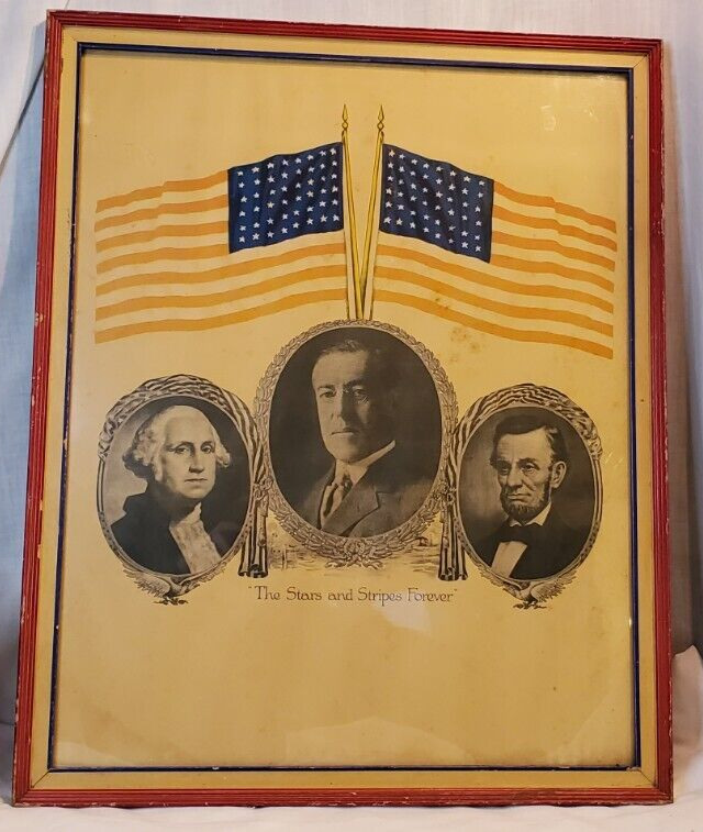 Antique WW1 Stars & Stripes Forever Woodrow Wilson Lincoln Washington Poster