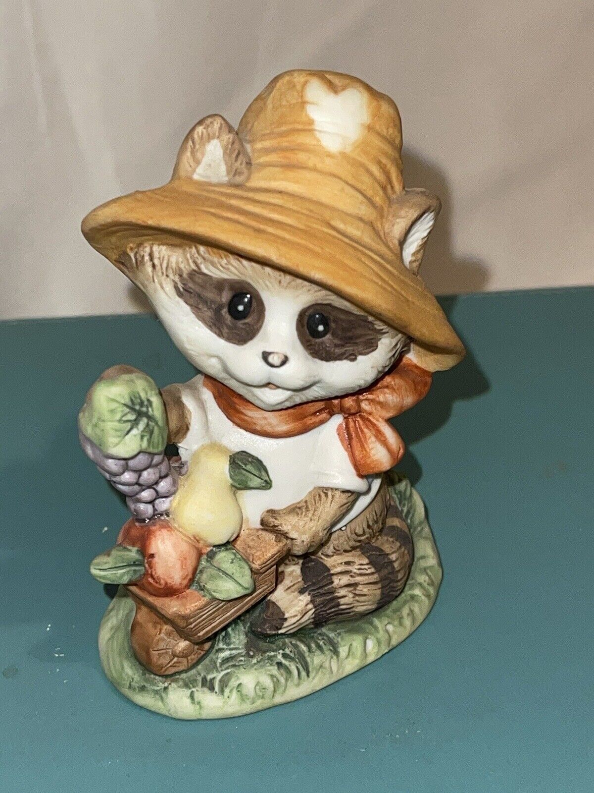 Estate Raccoon Figurine Find Ceramic Vintage Art Flowers Wheelbarrow