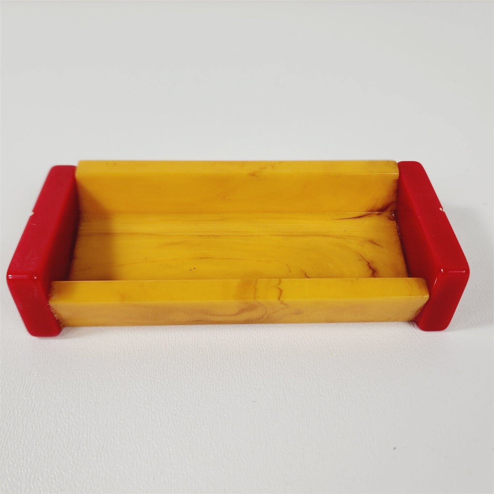 Vintage Bakelite Catalin Tray Holder Butterscotch Yellow & Red Domino Ends