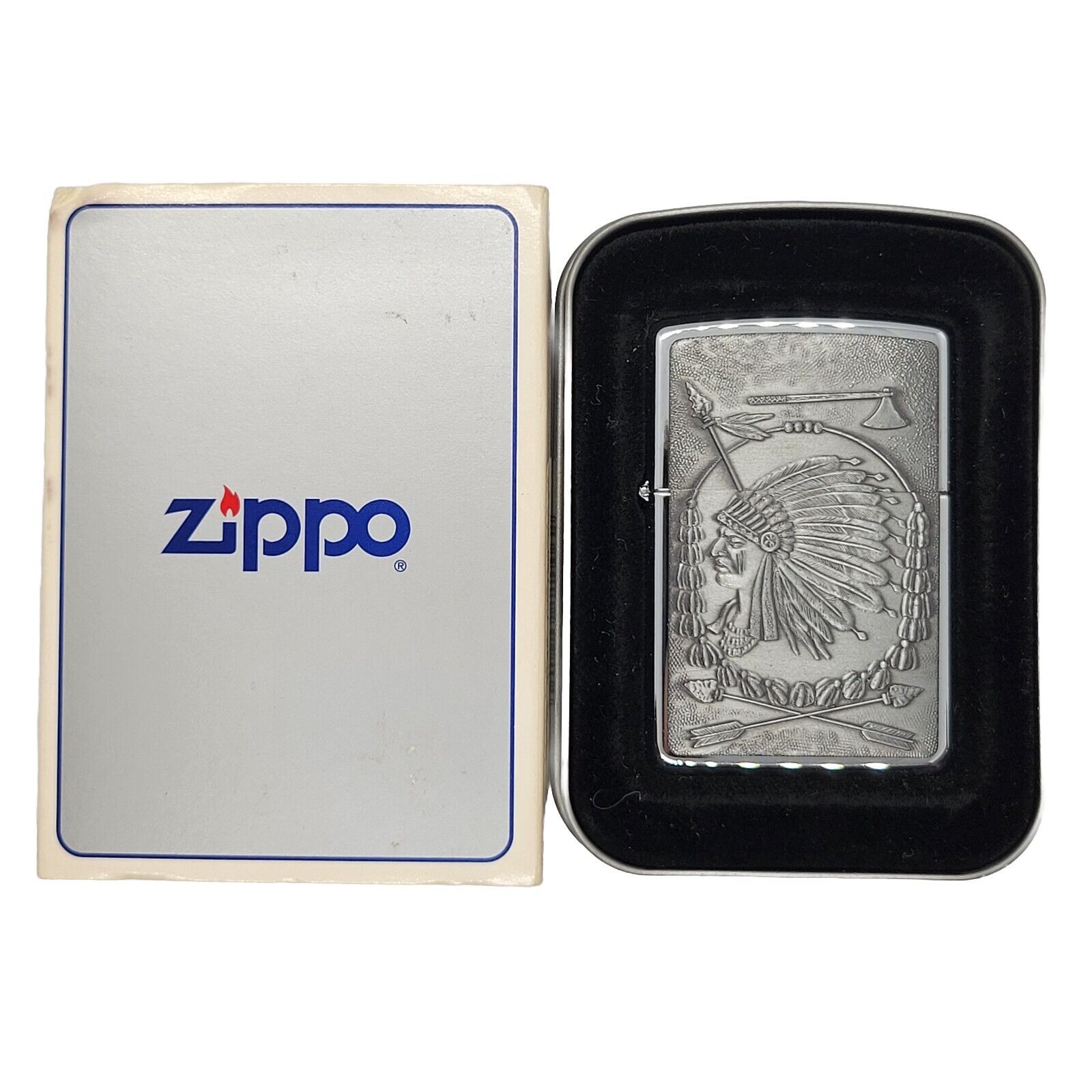 NOS Unfired Zippo Indian Chief Lighter Silvertoned