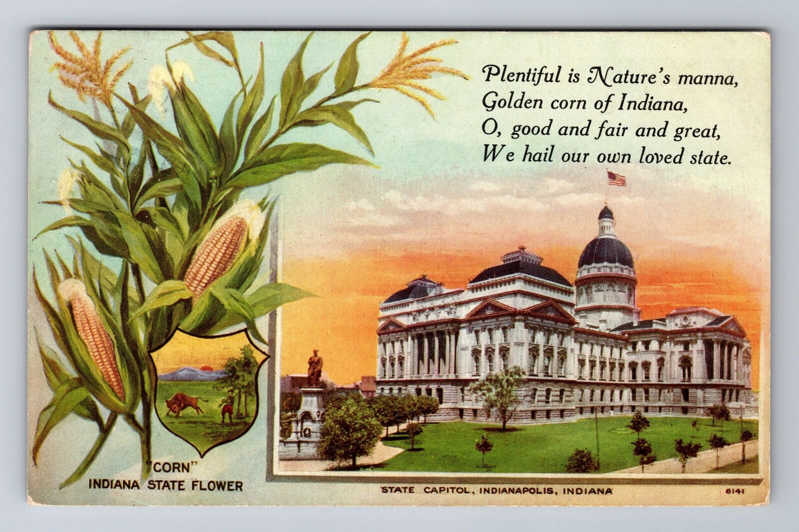 Indianapolis IN-Indiana, Capitol, Corn State Flower, Vintage c1914 Postcard
