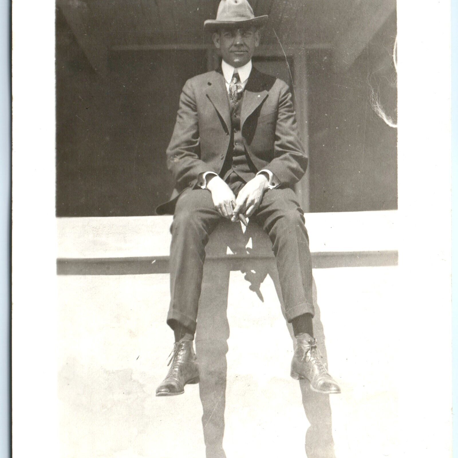 c1910s Cool Man Smoking Cigar RPPC House Porch Handsome Real Photo Postcard A95