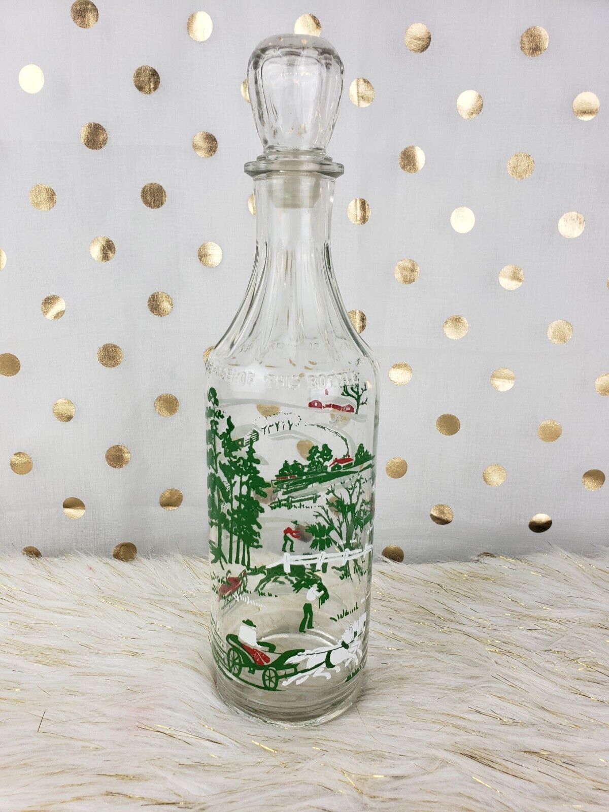 Vintage 1950s Owens Illinois Green Red Holiday Winter Decanter Liquor Bottle