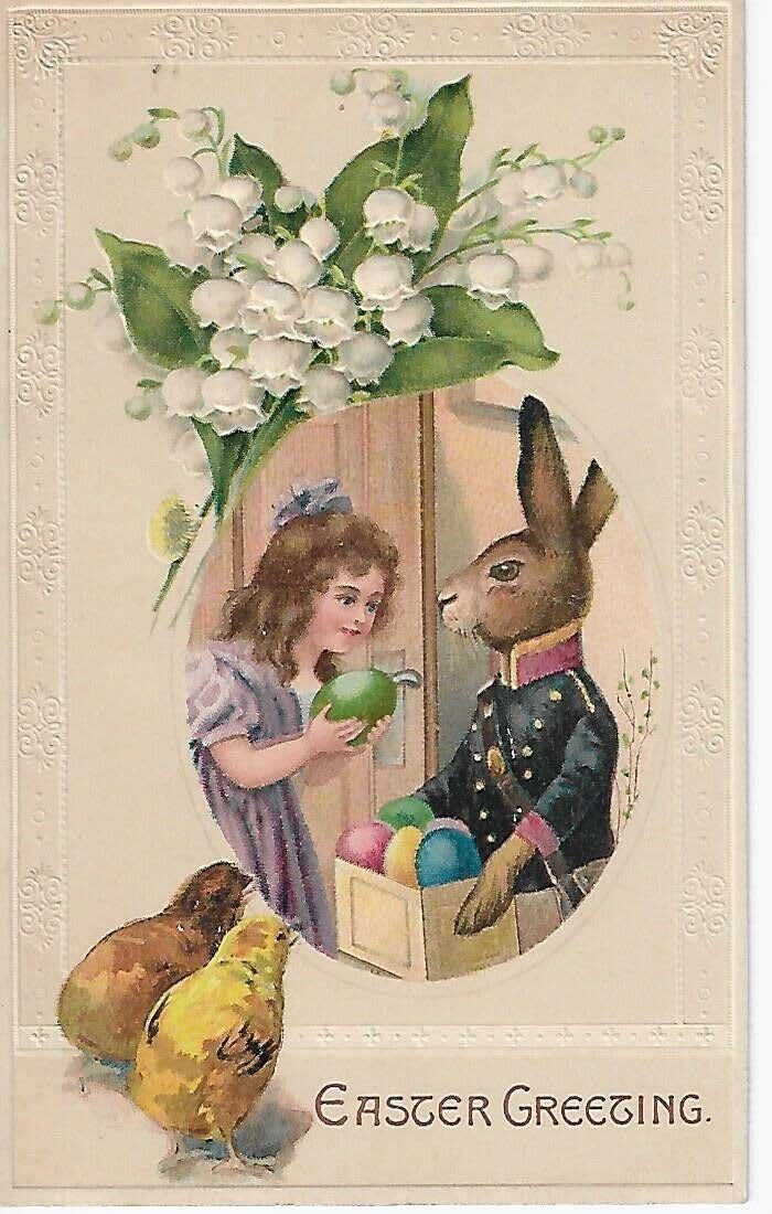 Postcard Easter Greeting Anthropomorphic Rabbit Delivering Egg to Girl Doorframe