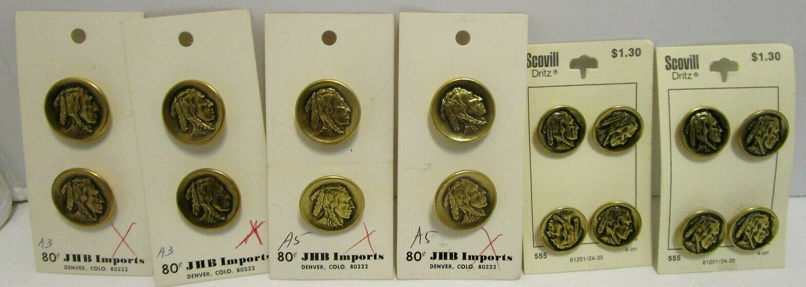 VINTAGE SCOVILL DRITZ & JHB IMPORTS NICKEL INDIAN HEAD REPLICA BUTTONS