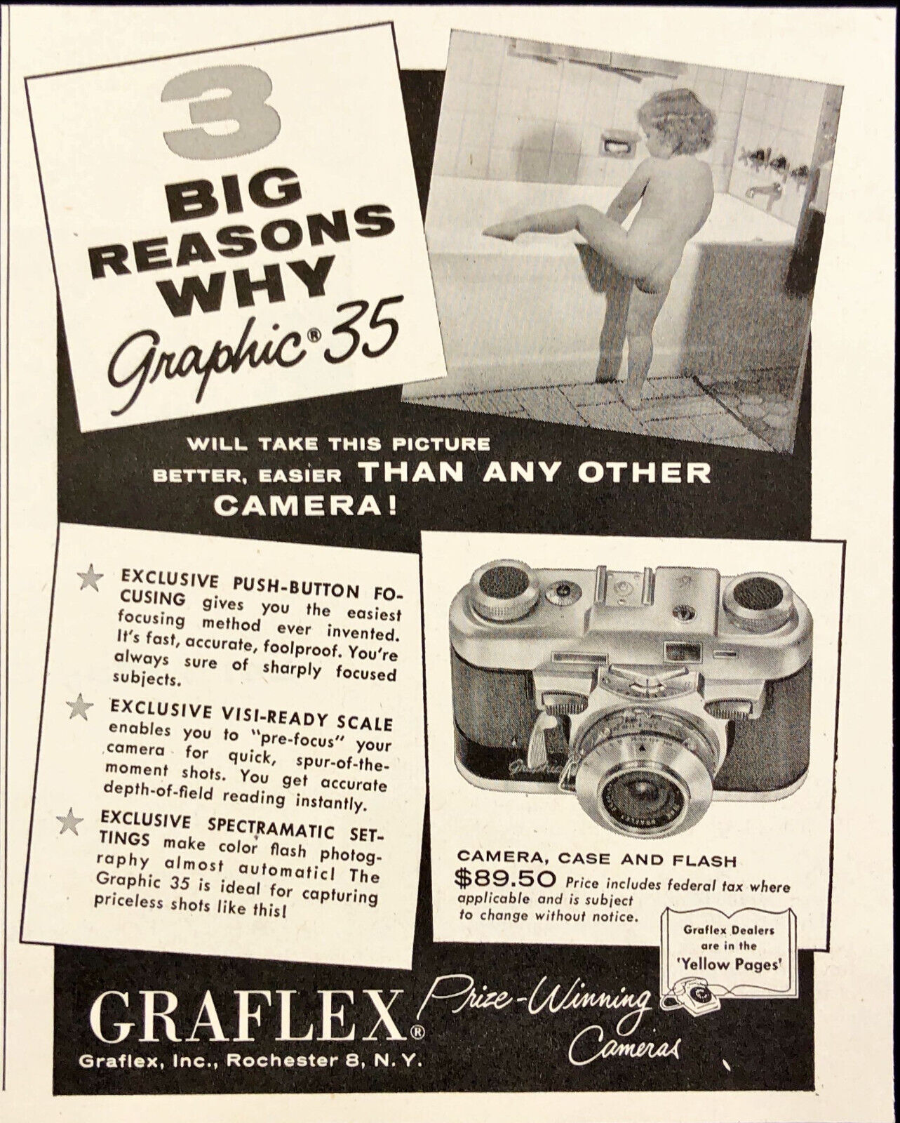 1955 Graflex Camera Graphic 35 Vintage Print Ad Toddler Bath