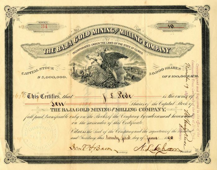 Baja Gold Mining and Milling Co. - Stock Certificate - Mining Stocks
