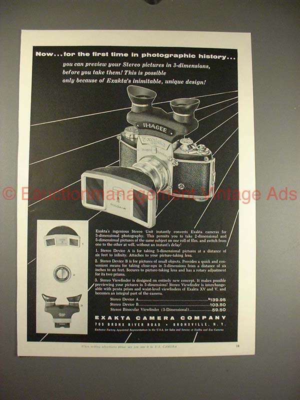 1956 Ihagee Exakta Camera Stereo Unit Ad - First Time