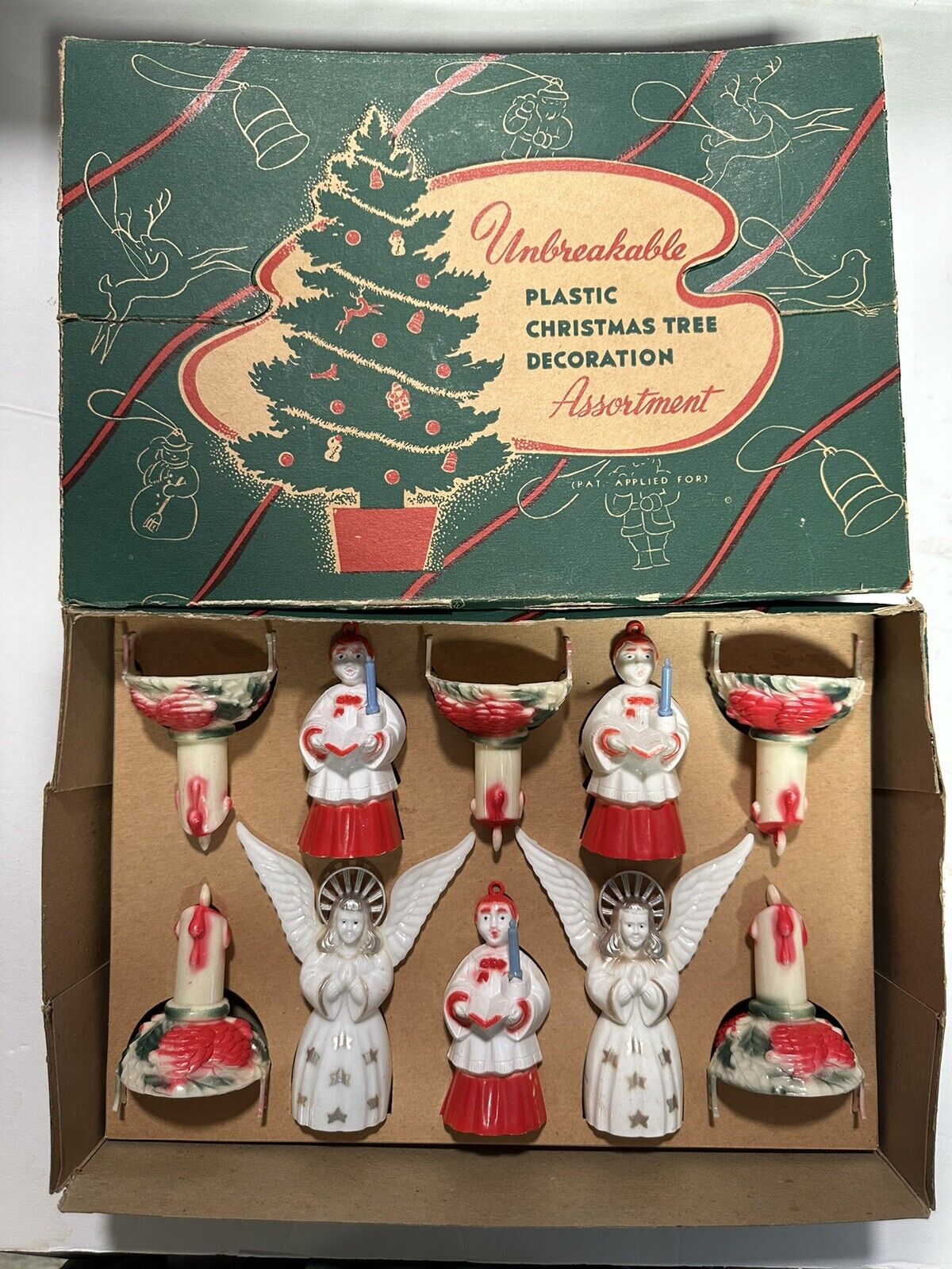 10 Vintage 1950’s Bradford Aluminum Christmas Tree Plastic Ornaments