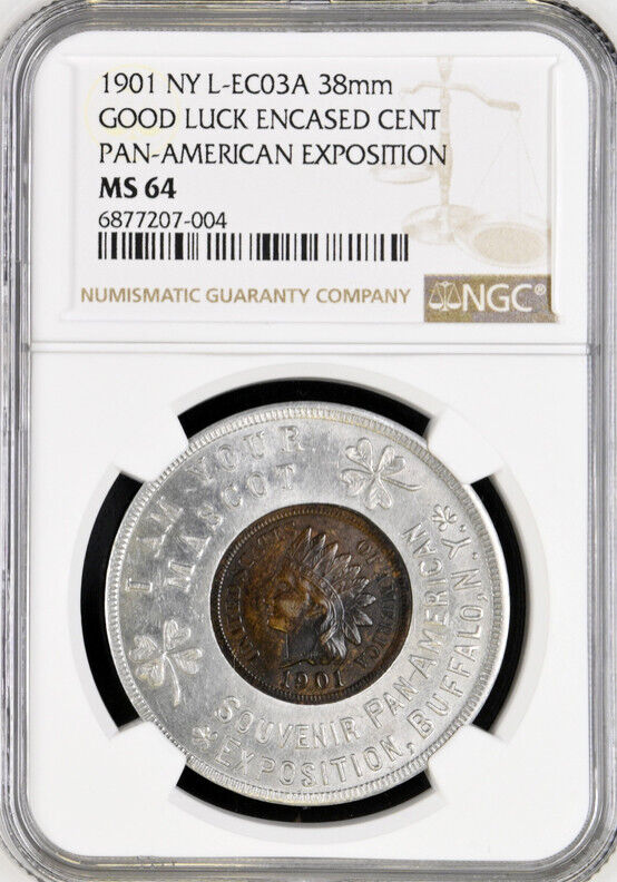 1901 Pan-American Expo Encased Indian Cent - Good Luck Penny, MS64 NGC - Token