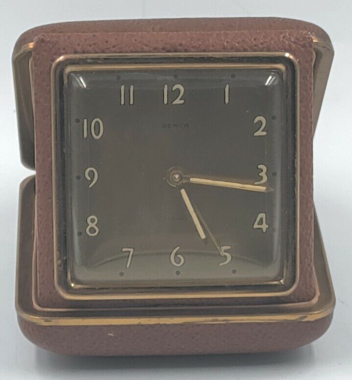 Vintage Semca Travel Alarm Clock Swiss Made 1 Jewel Genuine Leather Case Brown