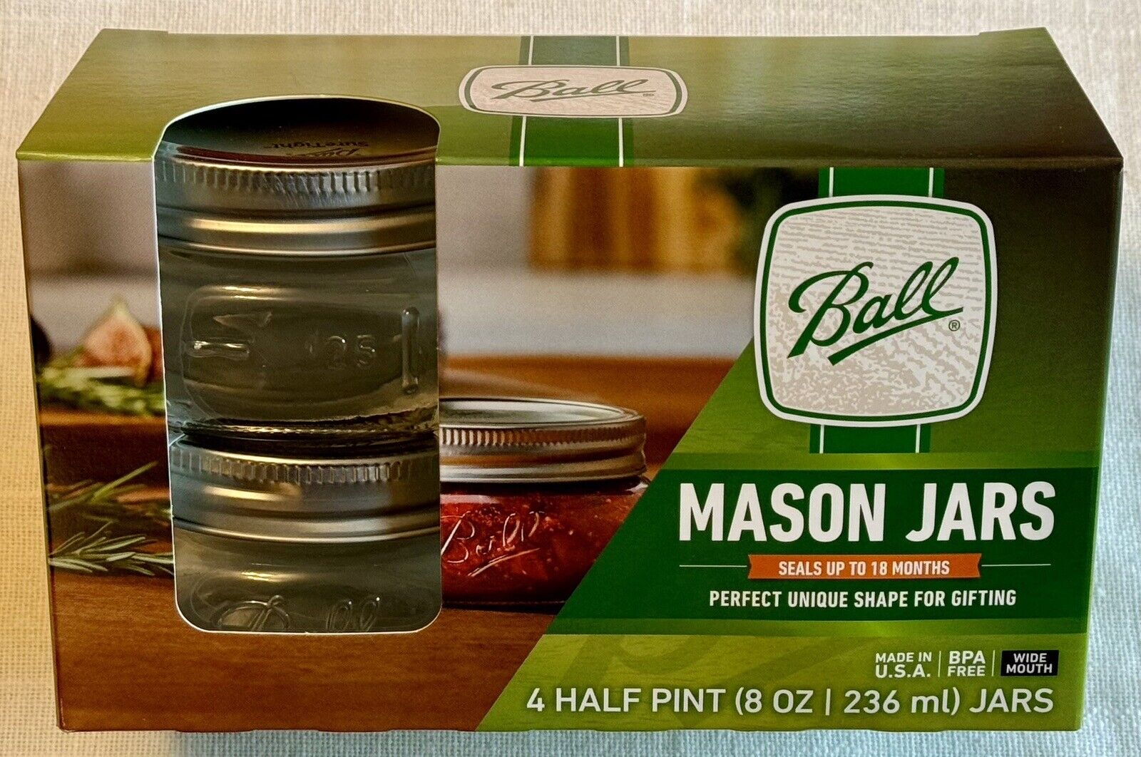 Ball Mason Jars 4 Half Pint Wide Mouth 8 oz 236 ml NIB