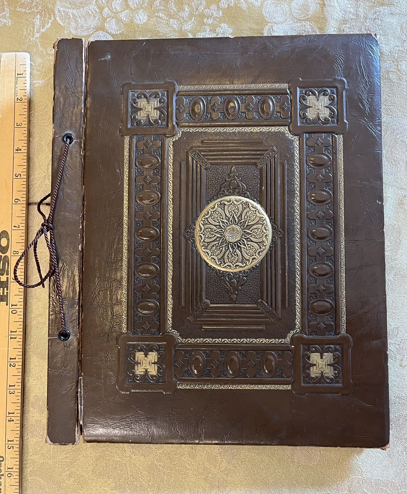 Vintage 1930s-1940s Scrapbook Leather Brown ornate Raised Cover Design +Pages