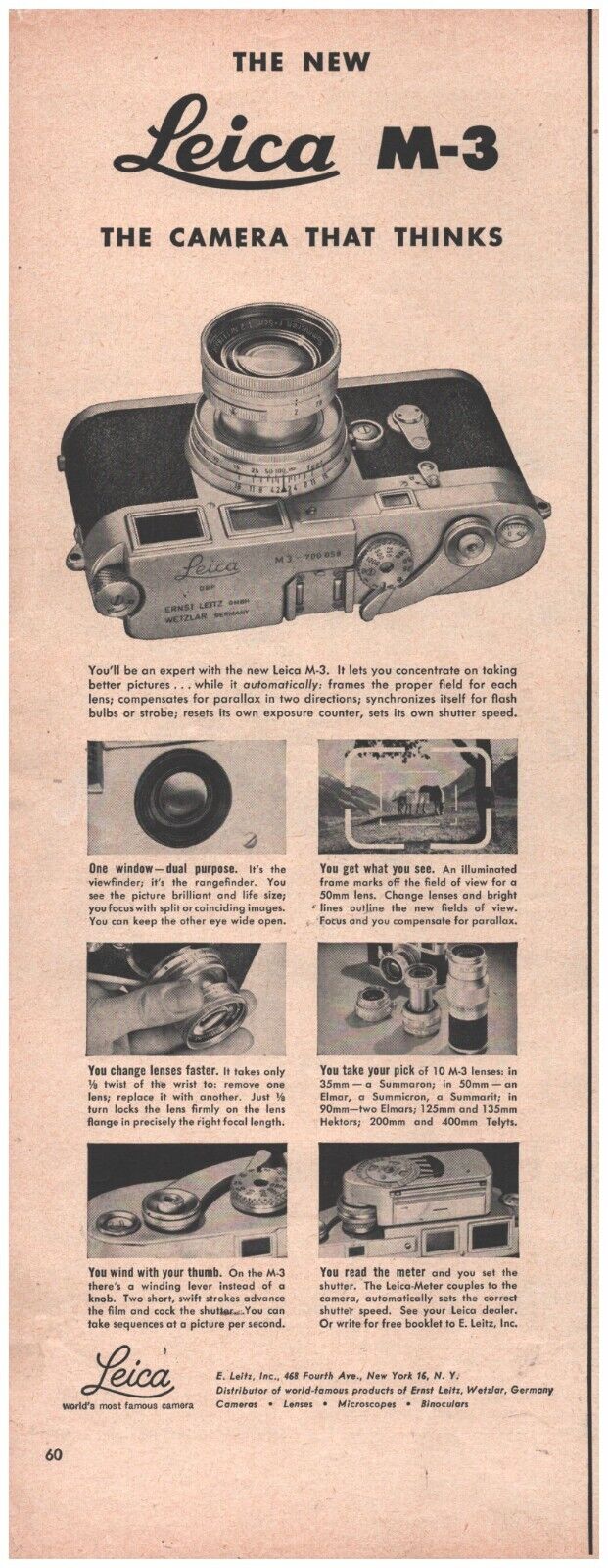 1954 Leica M-3 Camera Vintage Original Magazine Print Ad