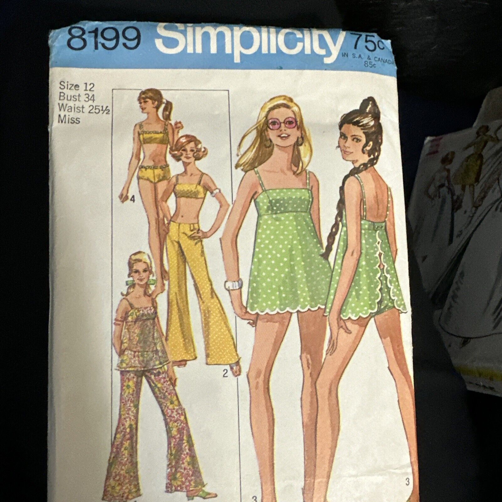 Vtg Simplicity 8199 BATHING SUIT HIP-HUGGER  PANTS Sew Pattern Sz 12 Bikini 1968