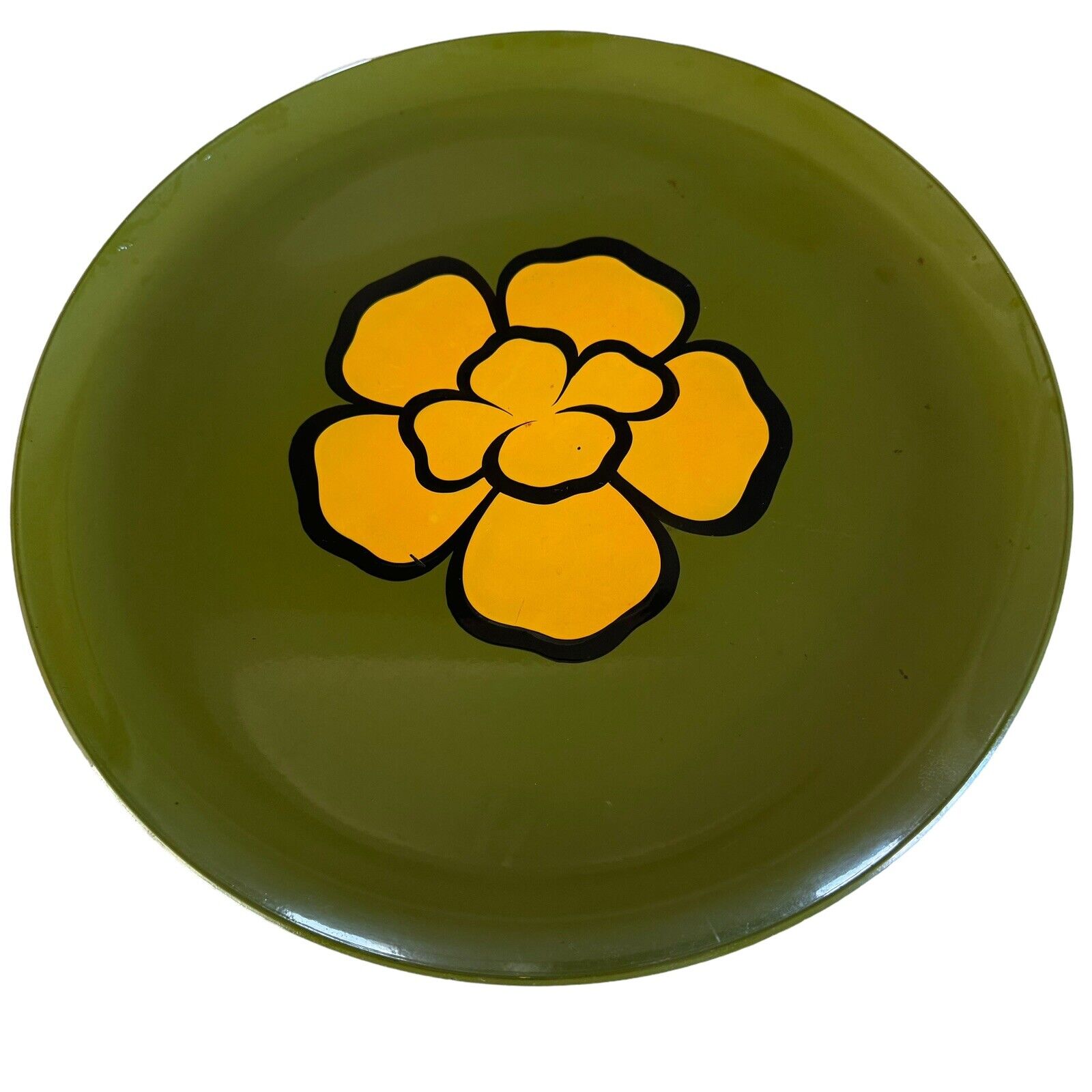 Vintage 1960’s 70s Mod Party Serving Tray Round Green 13” Lacquered Flower